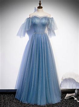 Picture of Charming Light Bllue Tulle Puffy Sleeves Floor Length Party Dresses, Blue A-line Pricess Gowns Prom Dresses